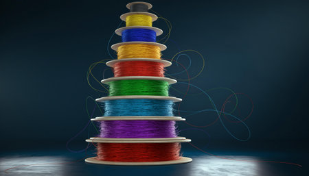 3d rendering of a stack of colorful spools of thread on a dark backgroundの素材