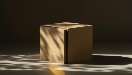 Cardboard box with shadow on dark background. 3D rendering.の素材