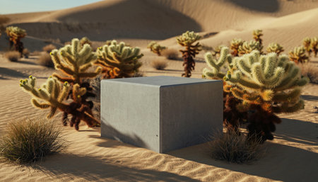 3d rendering of a cube podium in the middle of the desertの素材
