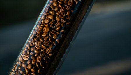 Roasted coffee beans on a black background. Selective focus.の素材