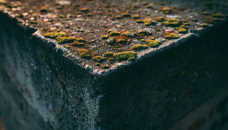 Green moss growing on a concrete wall. Selective focus. Toned.の素材