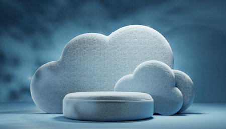 3d rendering of a cloud on a blue background with a podiumの素材