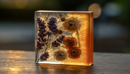Decorative glass candlestick with dried flowers on a wooden tableの素材