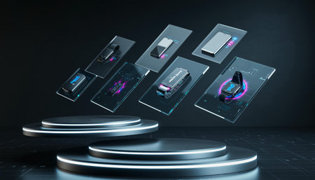 Cyber security concept. Smartphones on podium. 3D renderingの素材