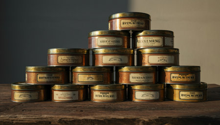 Vintage tin cans on a wooden table in front of a wallの素材