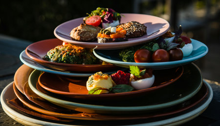 Set of plates with different food on a table in the garden.の素材