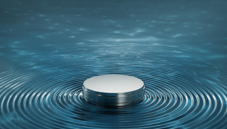 3d rendering of a round podium on a blue background with wavesの素材