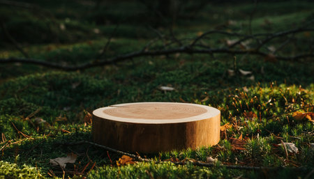 Wooden podium for product presentation in the autumn forest with fallen leavesの素材