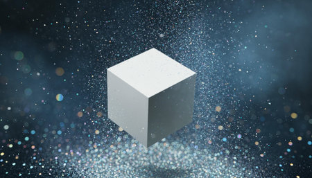 3d illustration of a white cube floating in the air with bokeh backgroundの素材
