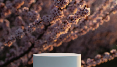 White podium for product presentation with pink cherry blossom flowers. 3d renderの素材