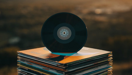 A stack of old vinyl records on the background of a mountain landscape.の素材