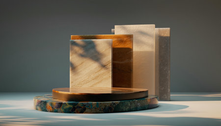 3d render of podium for product display with shadows from the treeの素材