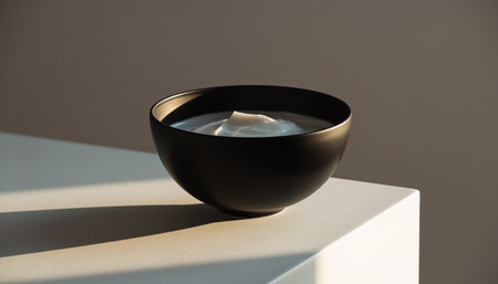A black bowl filled with water placed on a white pedestal against a gray backgroundの素材
