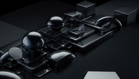 A high-tech robotic device with metallic spheres and control panels on a dark backgroundの素材