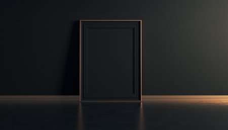 A sleek metal frame stands alone on a dark floor, illuminated by a soft light sourceの素材