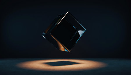 A black cube suspended in mid-air, casting a warm glow on the dark surface below.の素材