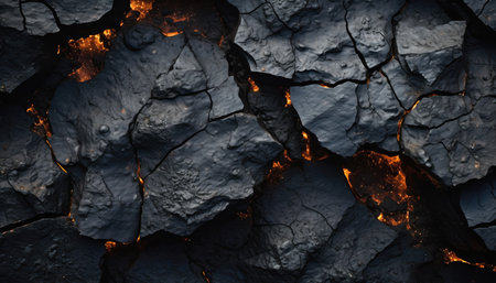 Dark charred wood texture with glowing embers and cracksの素材