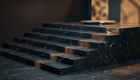 A mysterious metal staircase with steps and railings in a dimly lit environmentの素材