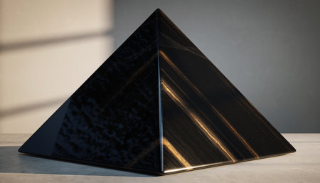 A black pyramid-shaped object with golden light reflections on its surface, placed on a flat surface.の素材
