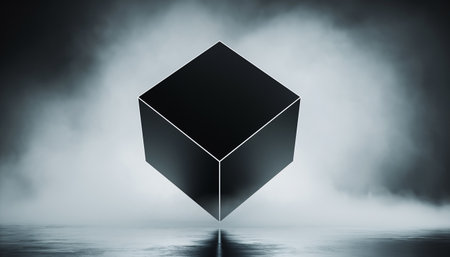 A sleek black cube surrounded by a misty, atmospheric background, creating a mysterious ambiance.の素材