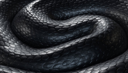 A close-up of a dark snake coiled with shiny scales in a dark backgroundの素材