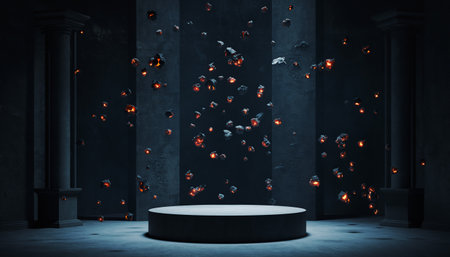 A darkened stage with a circular platform and colorful confettiの素材