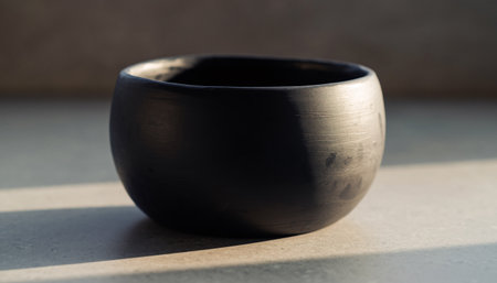 A black ceramic bowl sits on a light surface with soft shadowsの素材