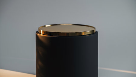 A sleek black cylindrical object with gold trim on top, placed on a reflective surface.の素材