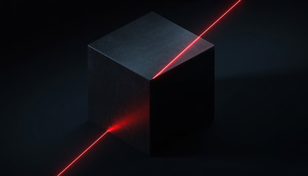 A red laser beam intersects a dark cubeの素材