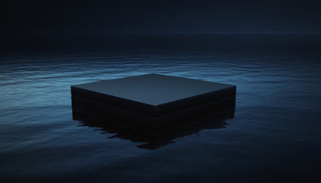 A dark box is suspended on the surface of dark water with ripples and reflectionsの素材
