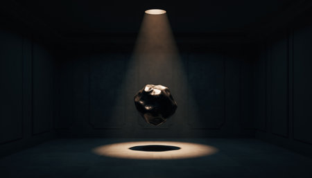 A globe is centered in a dark room, illuminated by a spotlight, symbolizing global focus.の素材
