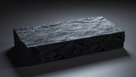 A dark metallic rectangular bar with a rough texture on a gray backgroundの素材