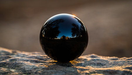 A crystal ball on a rocky surface reflecting a cityscape during sunset.の素材