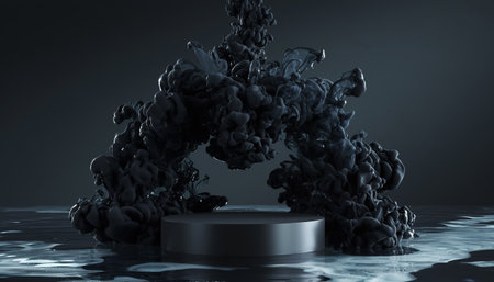 A mysterious dark sculpture on a metallic platform with dramatic lighting.の素材