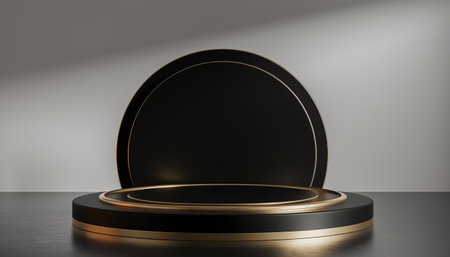 Elegant black and gold product display stand with circular designの素材