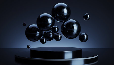 Spherical objects suspended in mid-air above a dark platformの素材