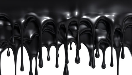 Dark liquid drips from a row of black leather objects on a white backgroundの素材