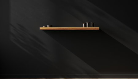 A simple wooden shelf against a dark textured background with subtle shadowsの素材