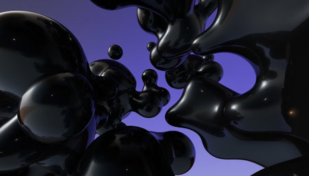 Abstract black liquid droplets on a purple gradient background, creating a visually striking image.の素材