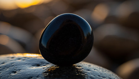 Close-up of a black stone balanced on a rock with a blurred background during sunsetの素材