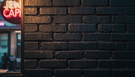 A neon cafe sign glows on a brick wall at night, with a dark and moody atmosphere.の素材