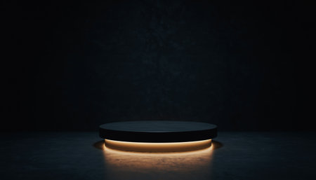 A dimly lit room with a glowing platform in the centerの素材