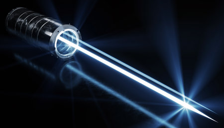 Detailed image of a blue lightsaber with a glowing blade and dark backgroundの素材