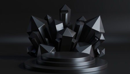 Dark crystal shapes arranged on a circular black platform with dramatic lightingの素材