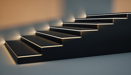A sleek black staircase with glowing step edges in a contemporary settingの素材