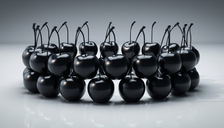 A pyramid of ripe black cherries on a clean white backgroundの素材