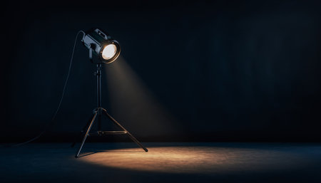 A professional spotlight shines on a dark stage, creating a dramatic atmosphere.の素材