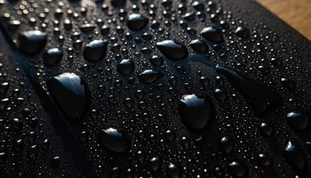 Closeup of water droplets on a black surface, creating a visually appealing pattern.の素材