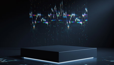 Glowing box on dark background with financial chart projectionの素材