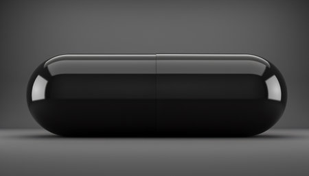 High-quality black wireless speaker with glossy finish on a dark grey backgroundの素材